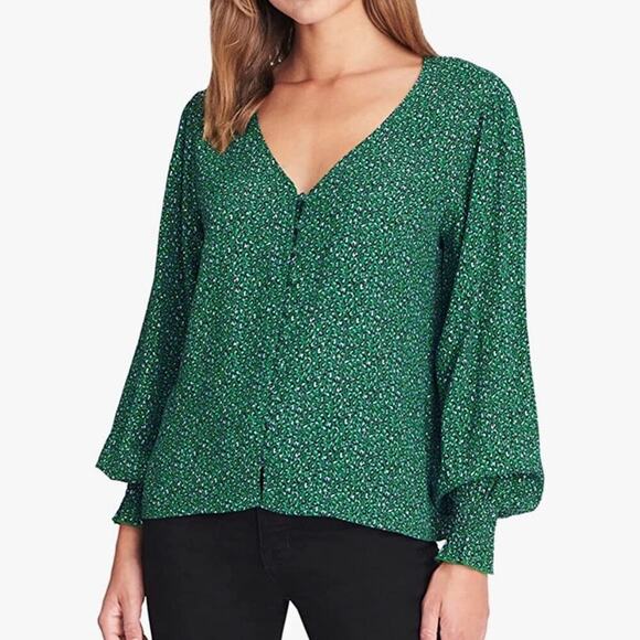 Sanctuary Green Noelle Smocked-Sleeve Button Down Sz XS - Picture 1 of 12